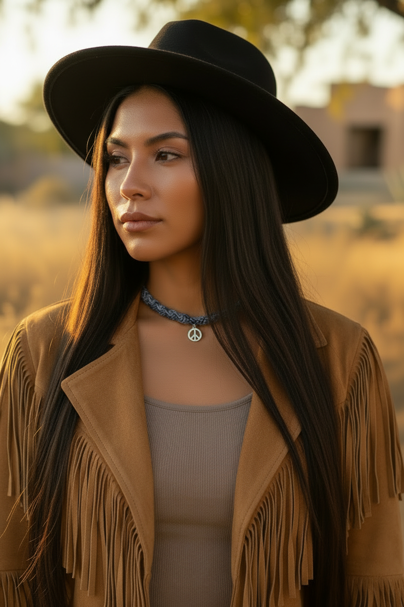 Femme portant le collier choker tressé bleu Joyas by Jo avec une veste à franges marron et un chapeau noir dans un paysage naturel doré.