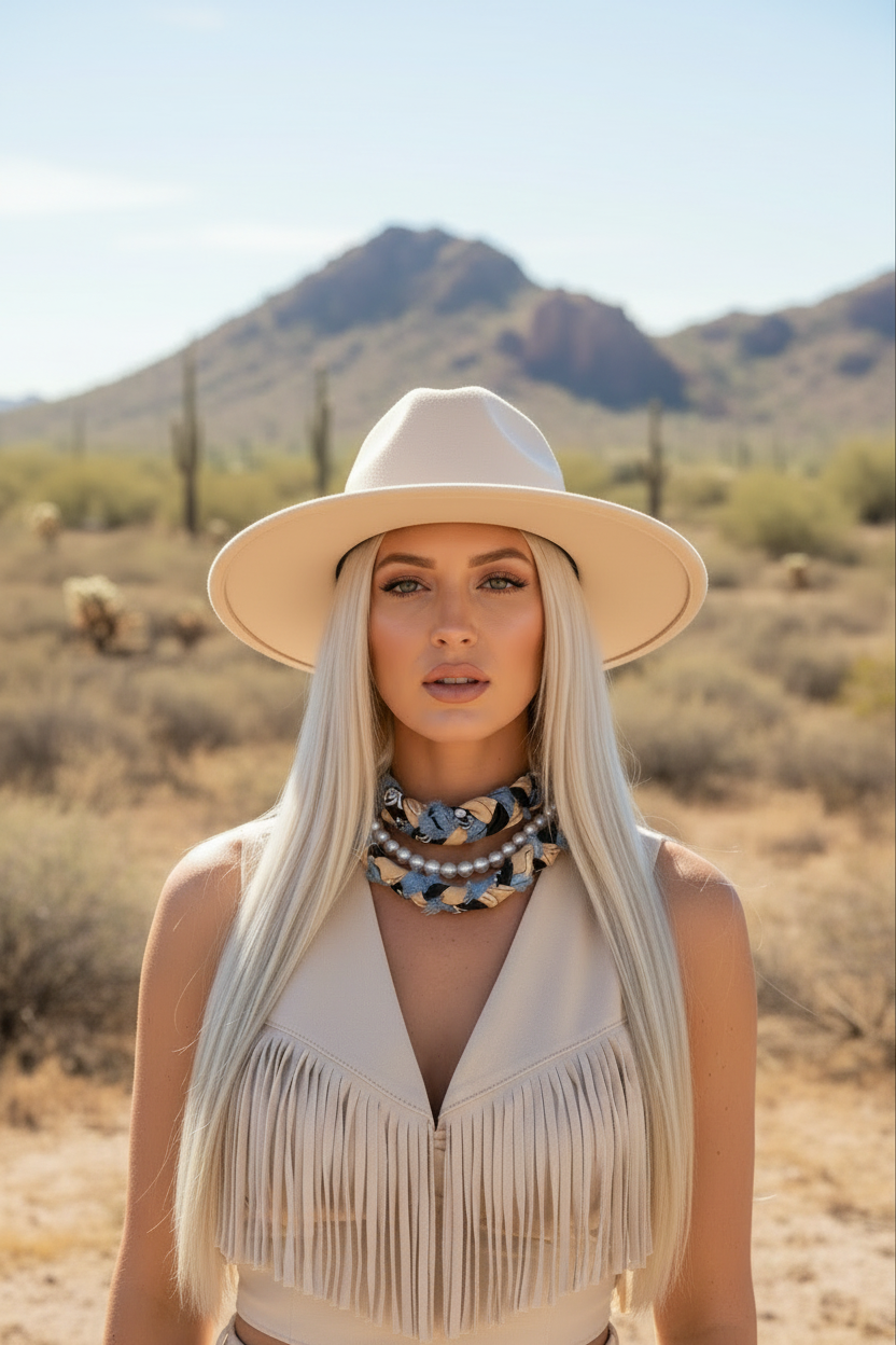 Femme portant un chapeau beige et un haut à franges avec le collier Joyas by Jo en tissu tressé et perles dans un décor de désert.