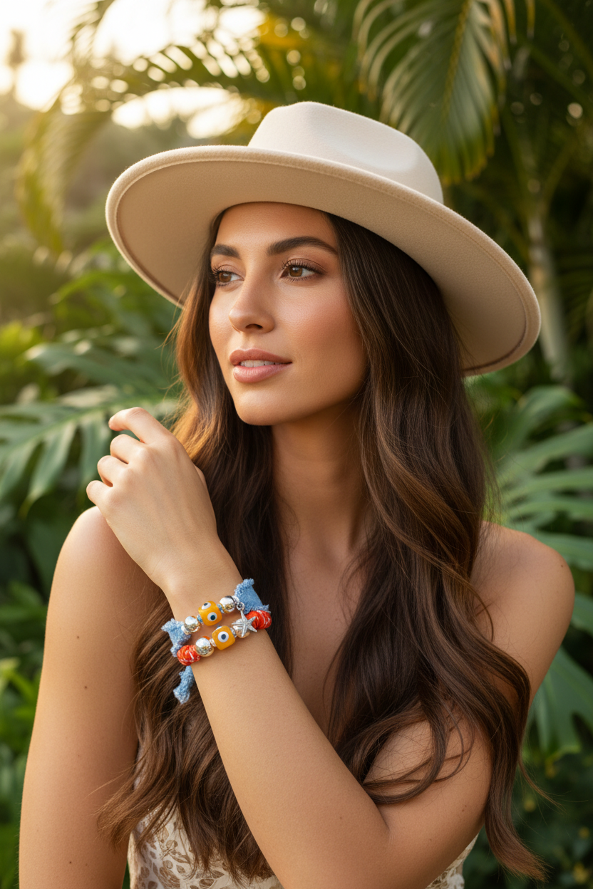 Portrait d'une femme portant un chapeau beige et une robe blanche, arborant plusieurs bracelets en tissu bleu et rouge au poignet. Elle pose devant un décor de palmiers avec une lumière naturelle de fin de journée. Les bijoux sont mis en avant sur son bras replié.