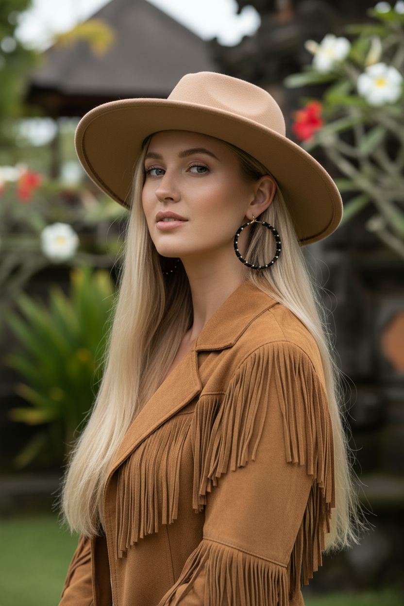 Femme blonde portant les grandes créoles Joyas by Jo en macramé noir avec une veste à franges marron et un chapeau beige.