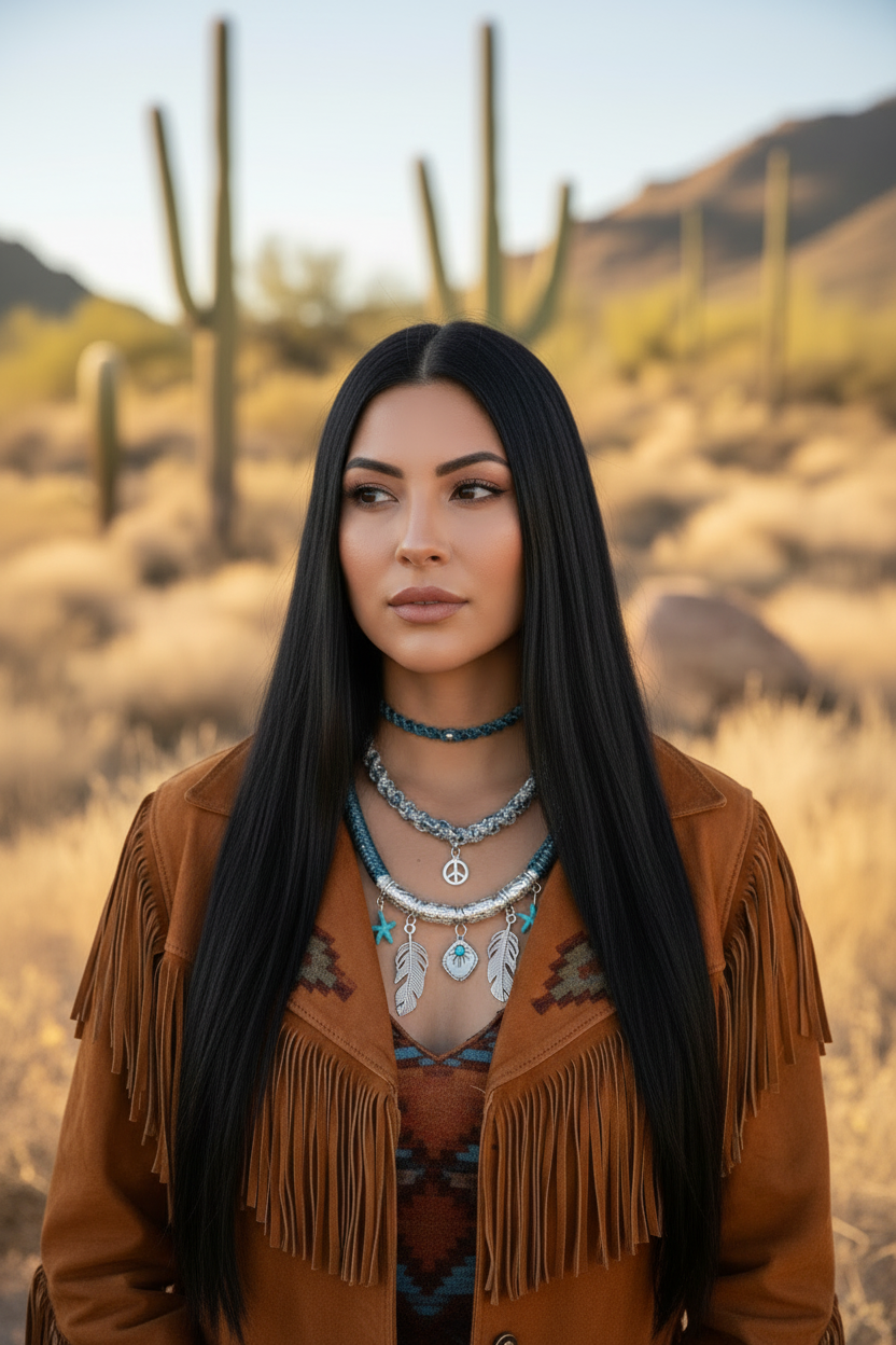 Femme aux longs cheveux noirs portant des bijoux artisanaux bleus et une veste marron à franges dans un paysage de désert avec des cactus.