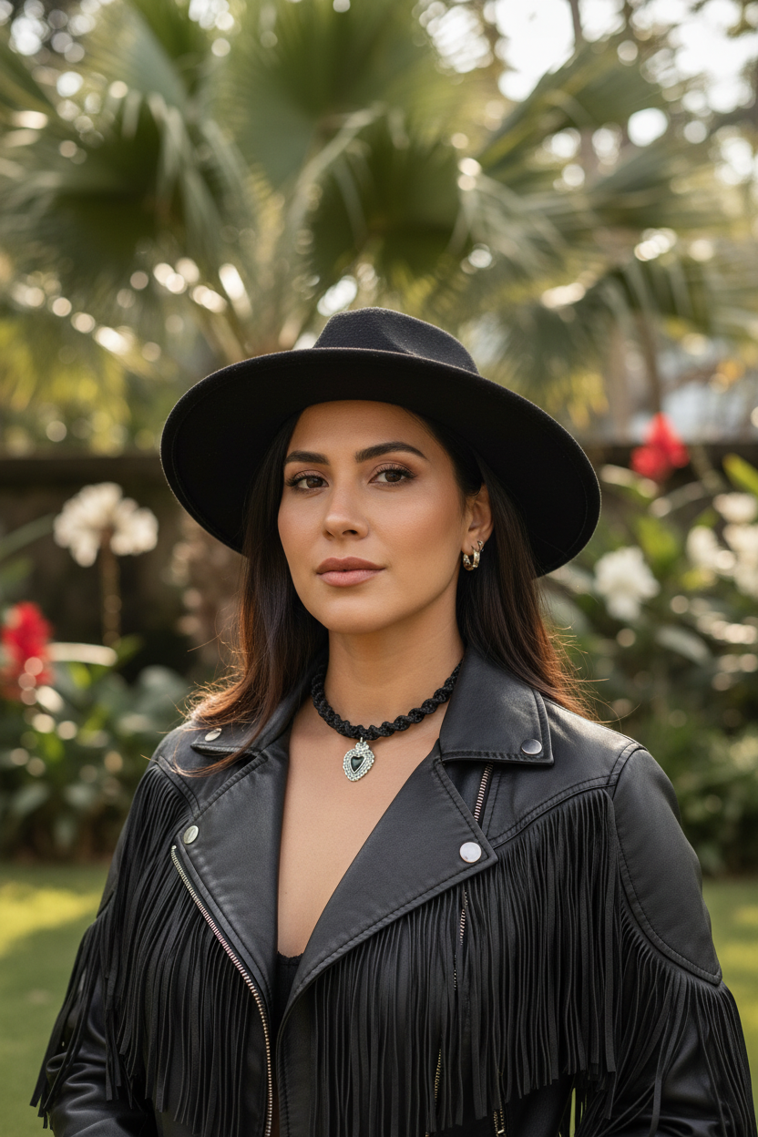 Femme portant le collier choker cœur sacré Joyas by Jo avec une veste en cuir à franges noire et un chapeau fedora en extérieur.