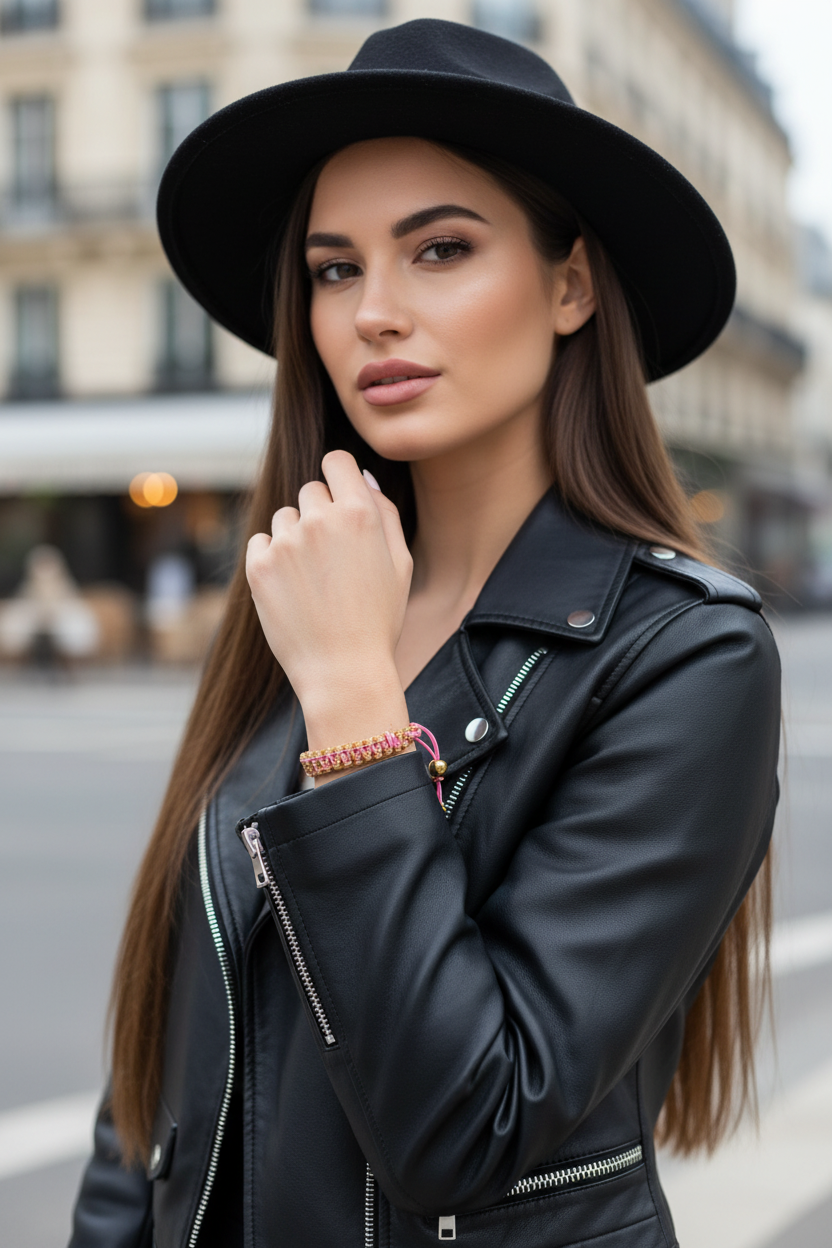 Portrait d'une femme portant le bracelet tressé Joyas by Jo, un chapeau noir et un blouson en cuir.