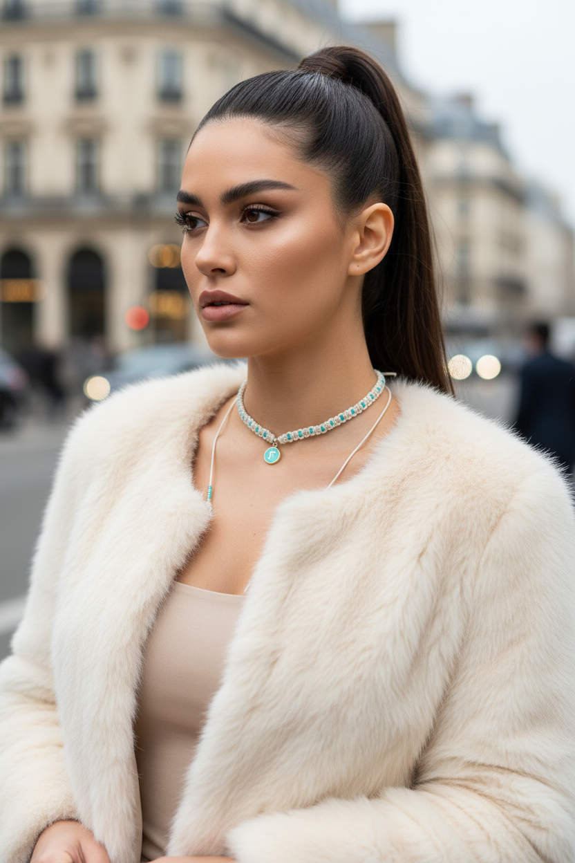 Portrait d'une femme en manteau de fourrure synthétique blanche portant un collier en macramé et turquoise.