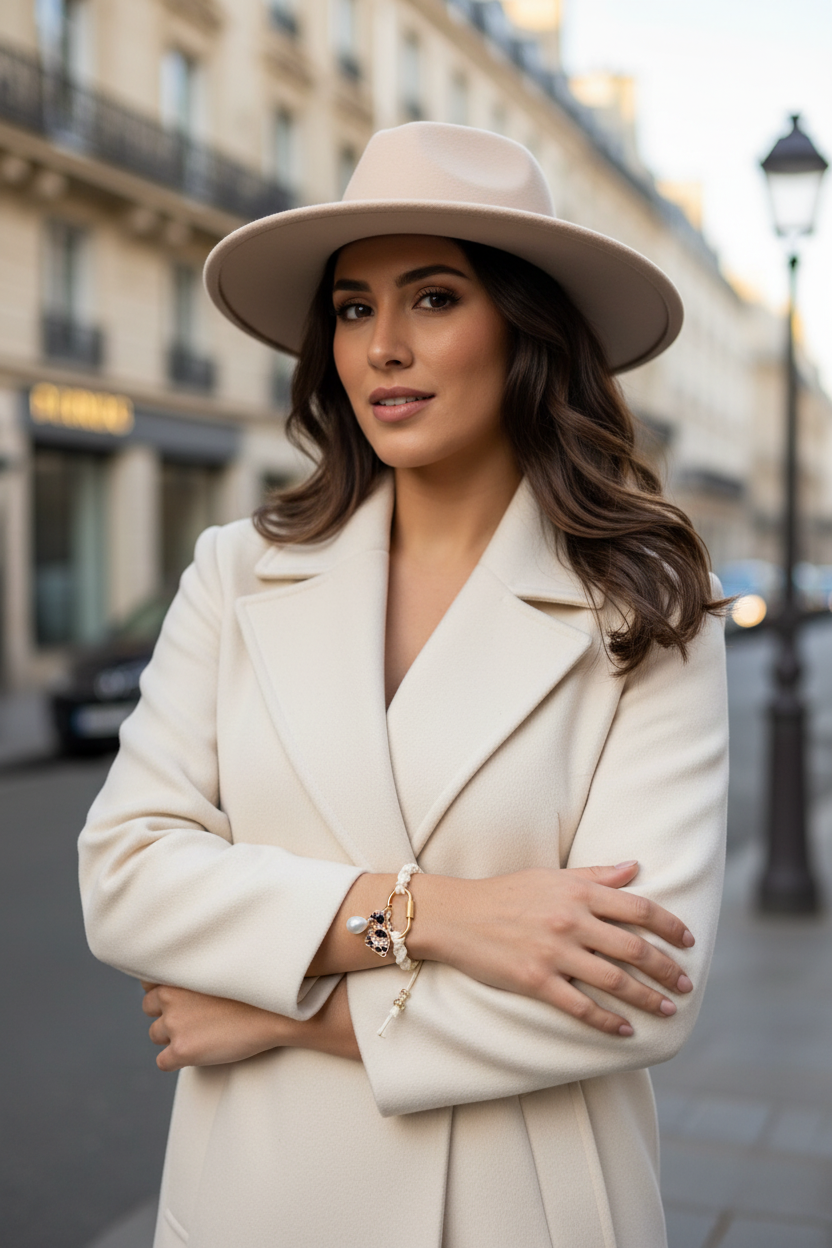 Portrait d'une femme en tenue chic dans les rues de Paris arborant un bracelet à charms et perle Joyas by Jo.