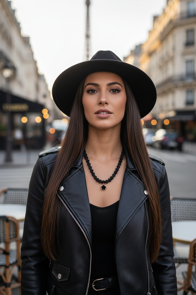 Jeune femme avec chapeau et veste en cuir portant le collier fleur noire Joyas by Jo dans les rues de Paris.