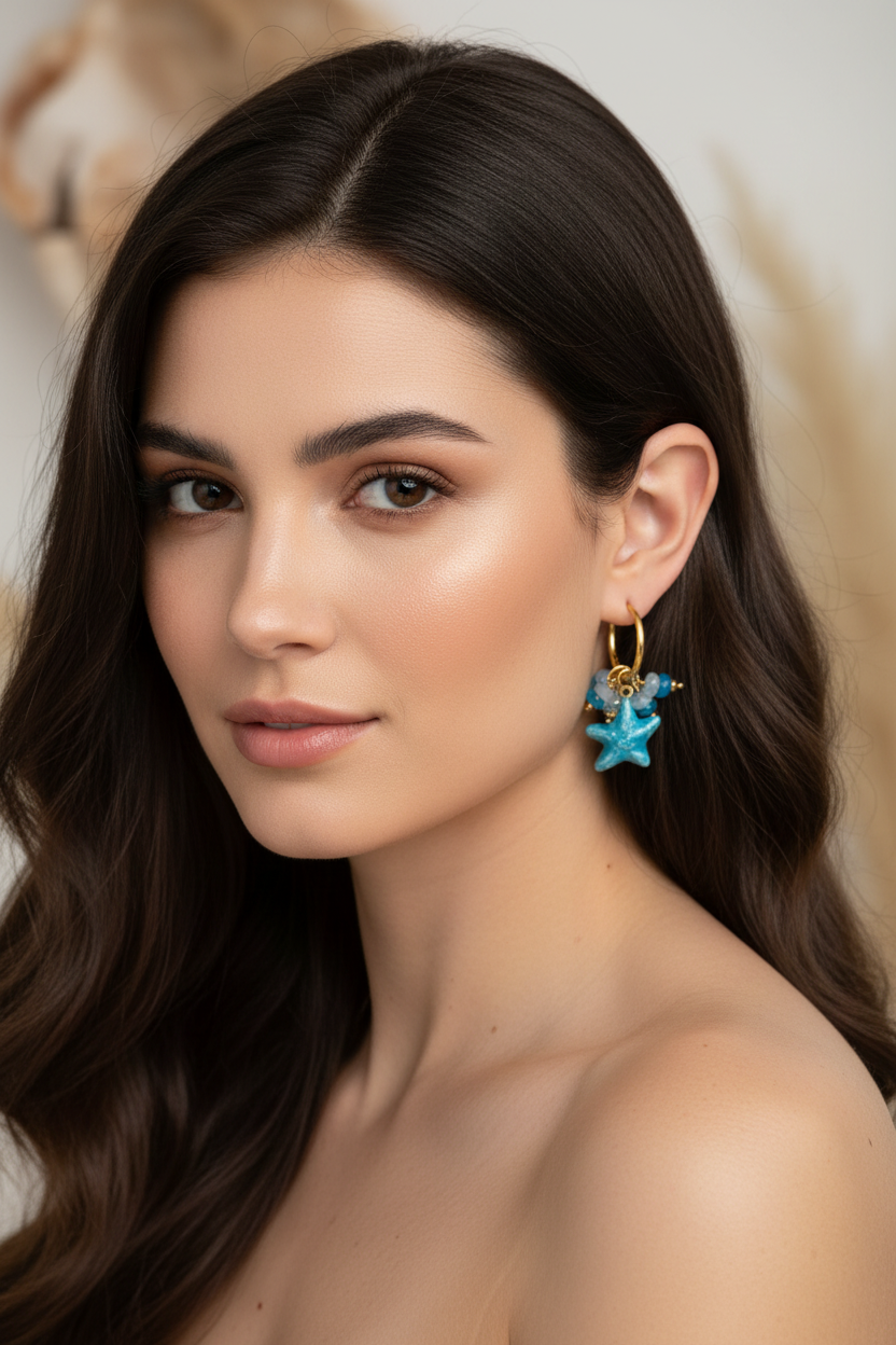 Jeune femme portant les boucles d'oreilles créoles avec breloque étoile de mer bleue de la collection marine Joyas by Jo.