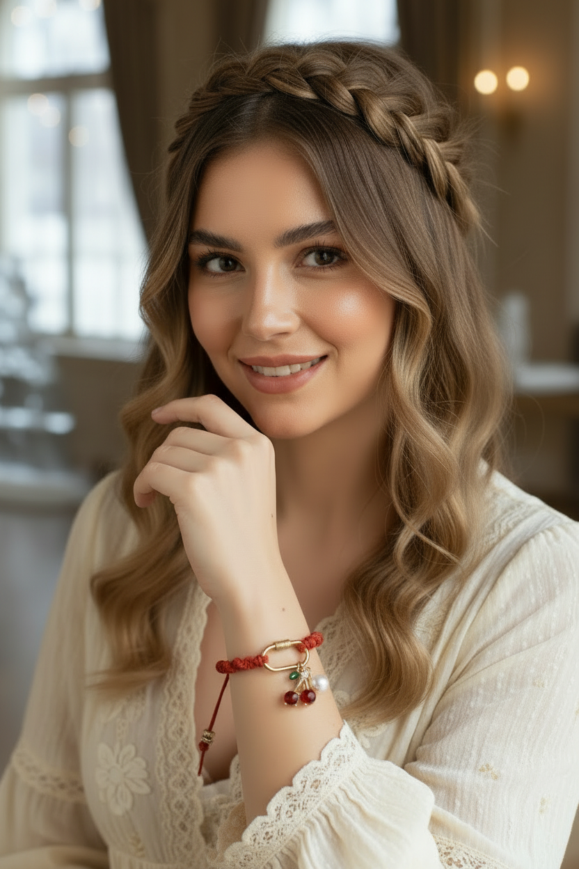 Portrait d'une femme avec coiffure tresse couronne arborant le bracelet rouge à breloques cerise de la collection Joyas by Jo.