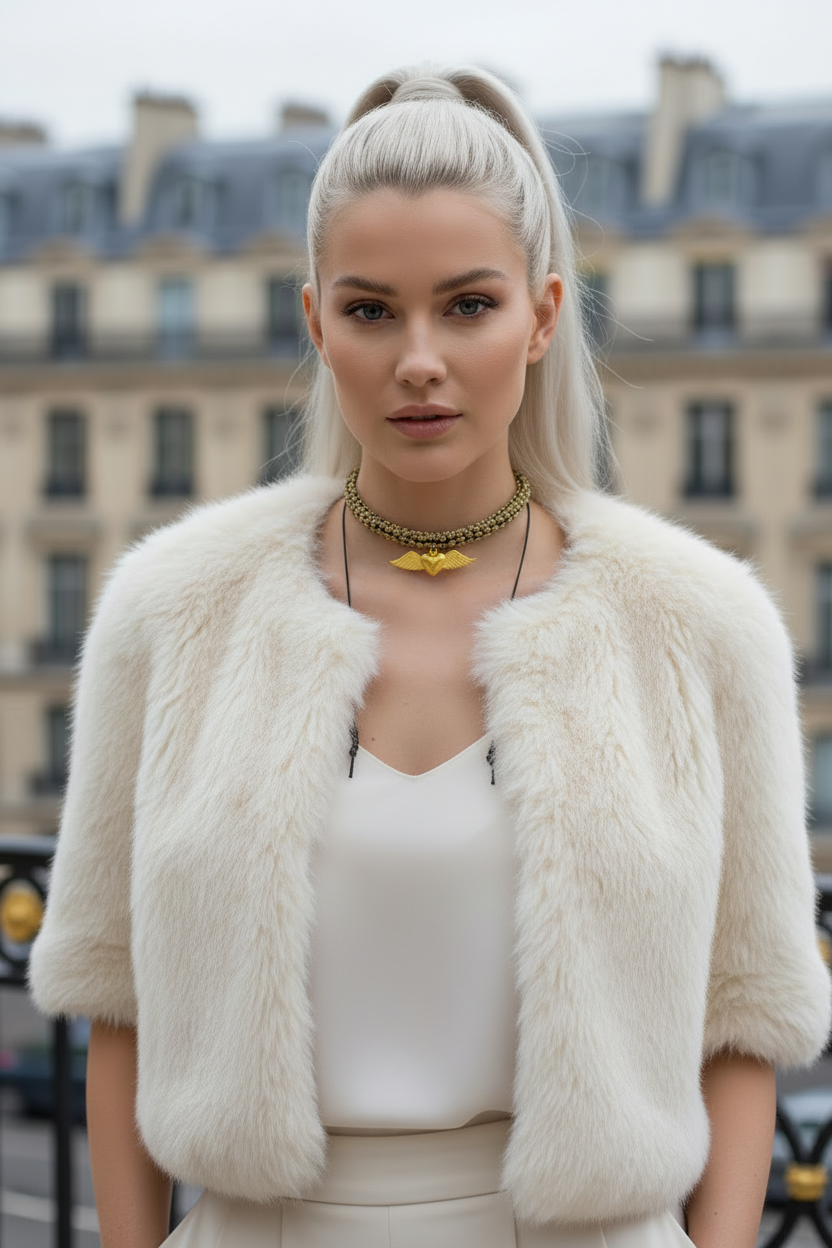 Mannequin portant le collier choker Joyas by Jo avec pendentif cœur ailé doré, veste en fausse fourrure crème et coiffure queue de cheval.