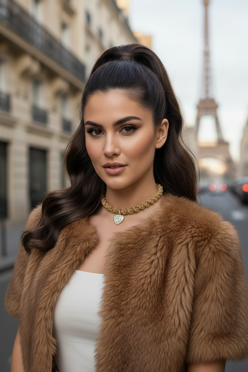 Portrait d une femme avec collier artisanal coeur et veste en fourrure marron devant la Tour Eiffel.