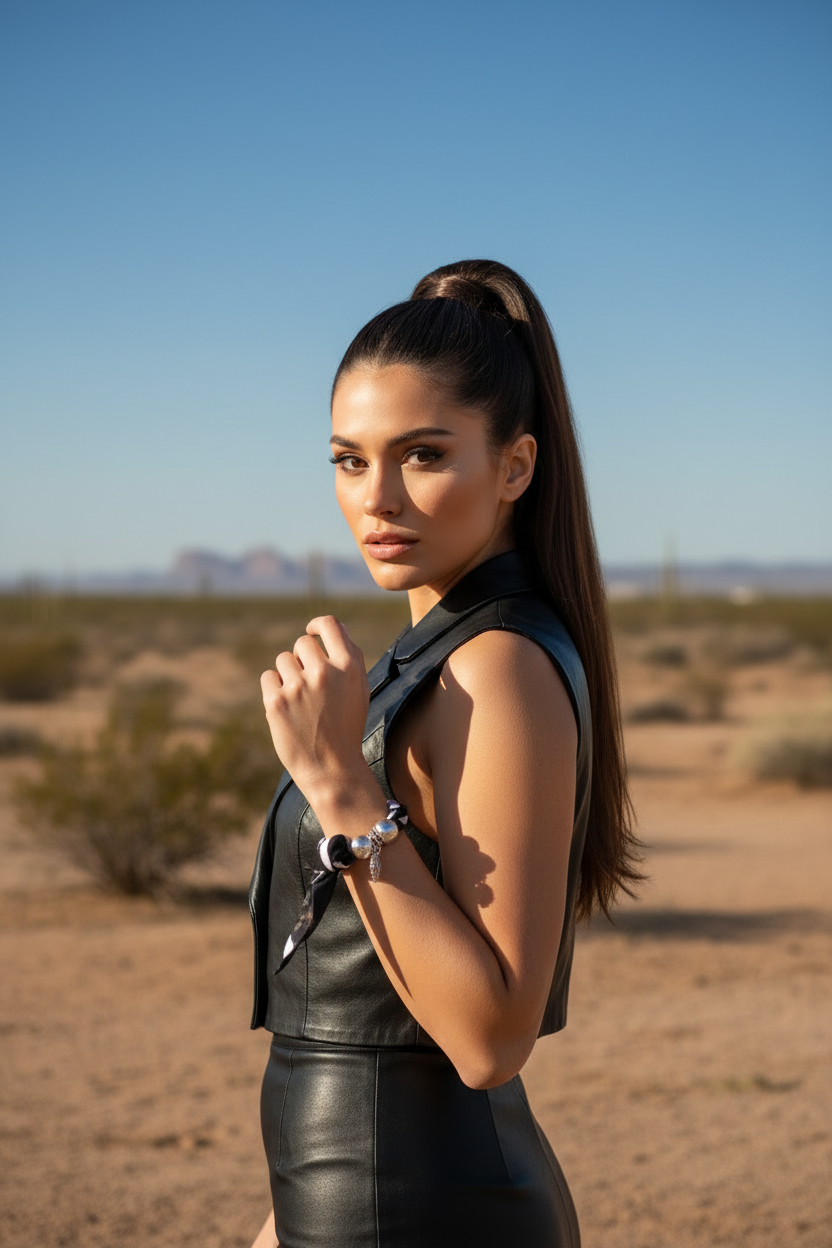 Femme de profil dans le désert portant un bracelet Joyas by Jo en soie noire et blanche avec une tenue en cuir.