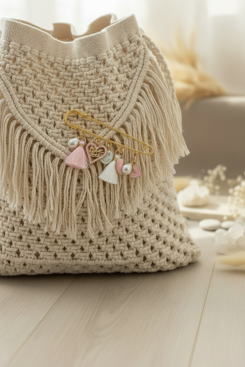 Bijou de sac Joyas by Jo : épinglette dorée décorative accrochée à un sac en macramé beige à franges.