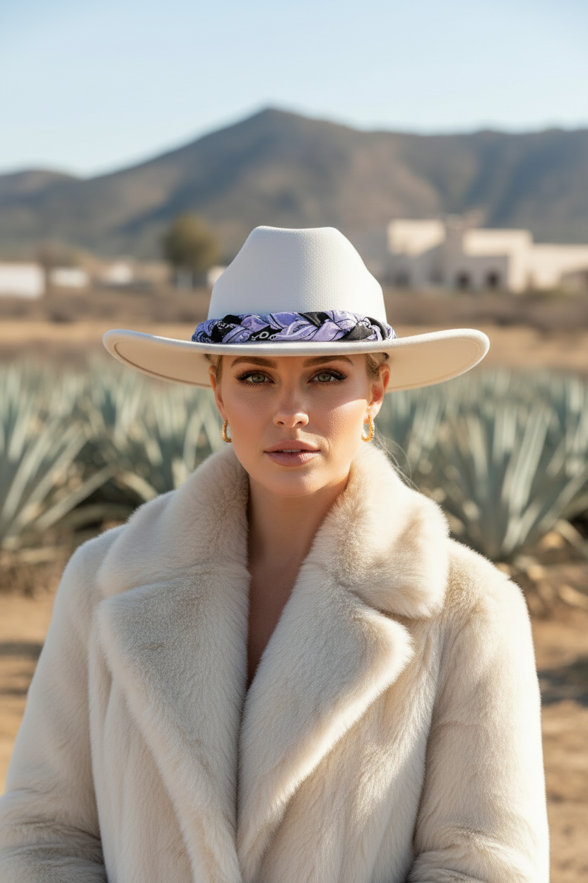 Femme de face portant un chapeau de feutre blanc et un manteau luxueux en fourrure synthétique.