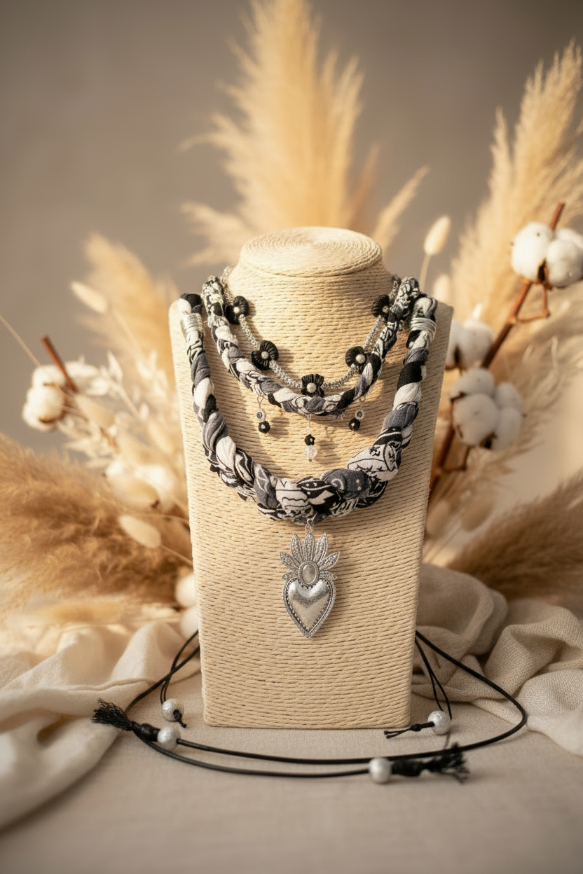 Présentation des colliers multicouches Elettra sur un buste d'exposition beige dans un décor naturel avec des fleurs de pampa séchées. Joyas by jo
