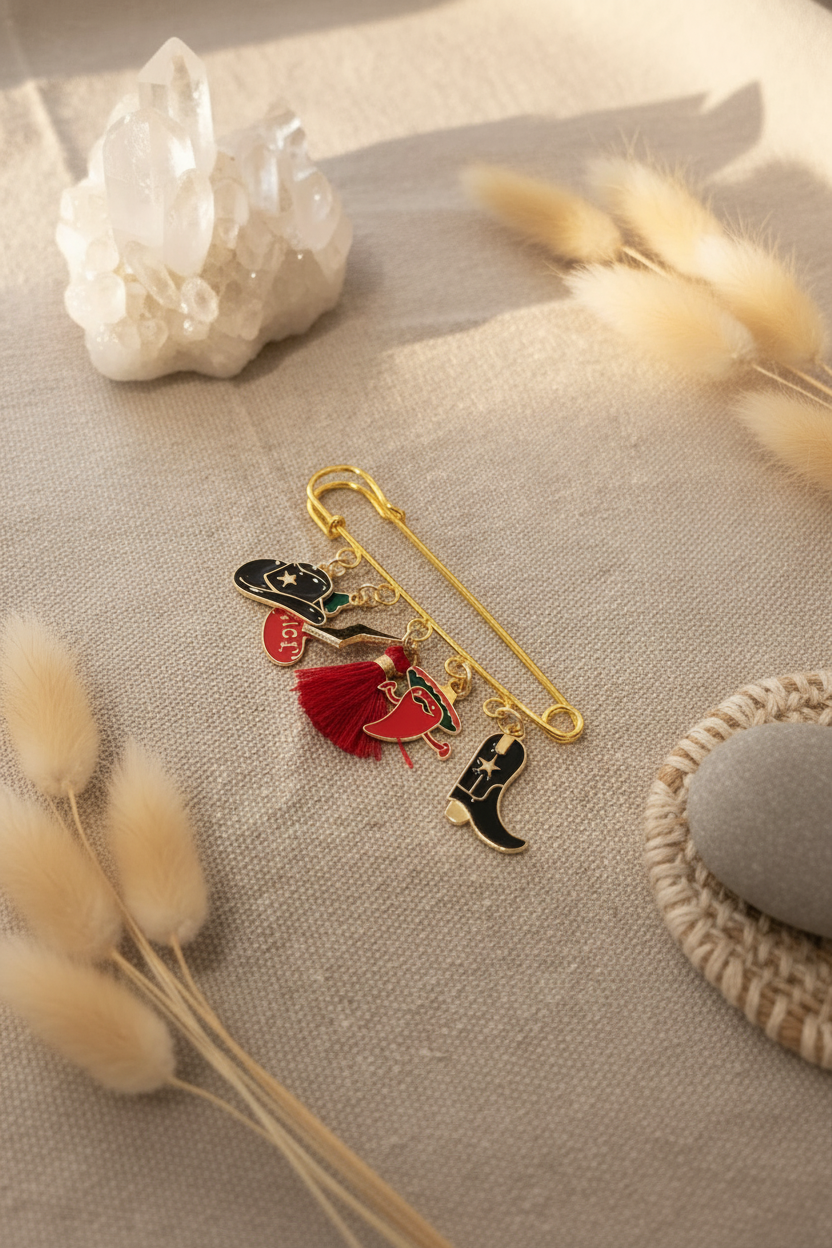 Broche épingle dorée thème Western avec breloques piment et bottes de cowboy. Accessoire original pour personnaliser un vêtement ou un sac, ambiance déco naturelle.