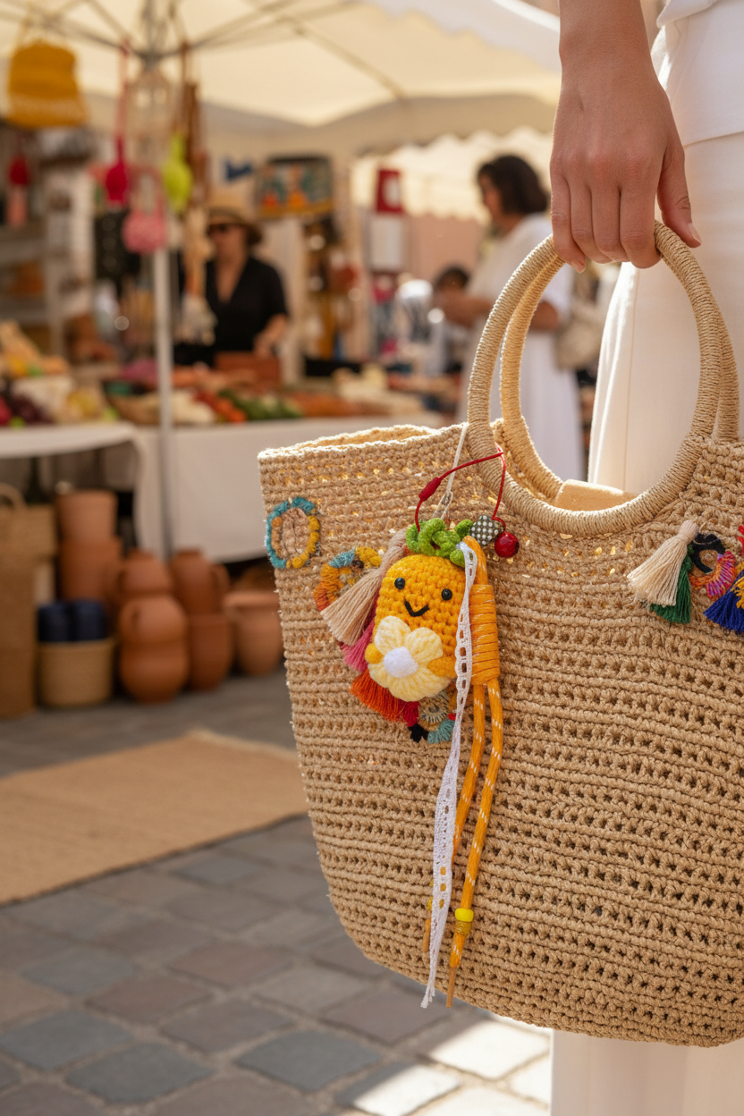 Porte-clés ananas au crochet sur panier osier marché - accessoire bohème Joyas by Jo
