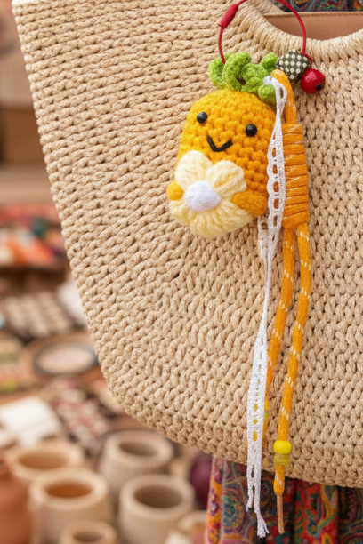 Porte-clés ananas au crochet sur sac osier lifestyle - accessoire bohème luxe Joyas by Jo
