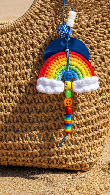 Porte-clés arc-en-ciel au crochet gros plan sur sac osier - accessoire bohème chic Joyas by Jo

