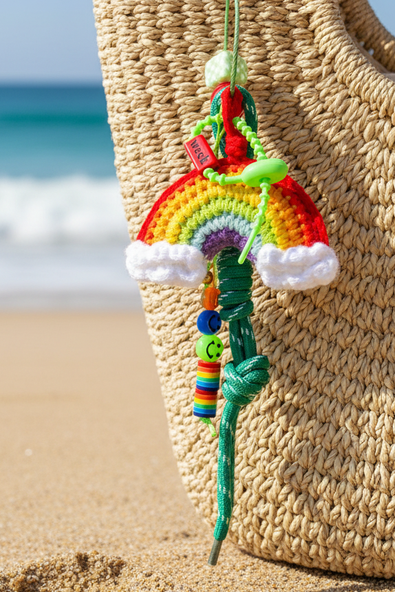 Porte-clés arc-en-ciel au crochet avec charms sur sac osier plage gros plan - accessoire bohème Joyas by Jo
