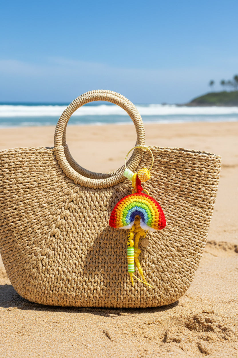 Porte-clés arc-en-ciel au crochet avec charms sur sac osier plage - accessoire bohème Joyas by Jo
