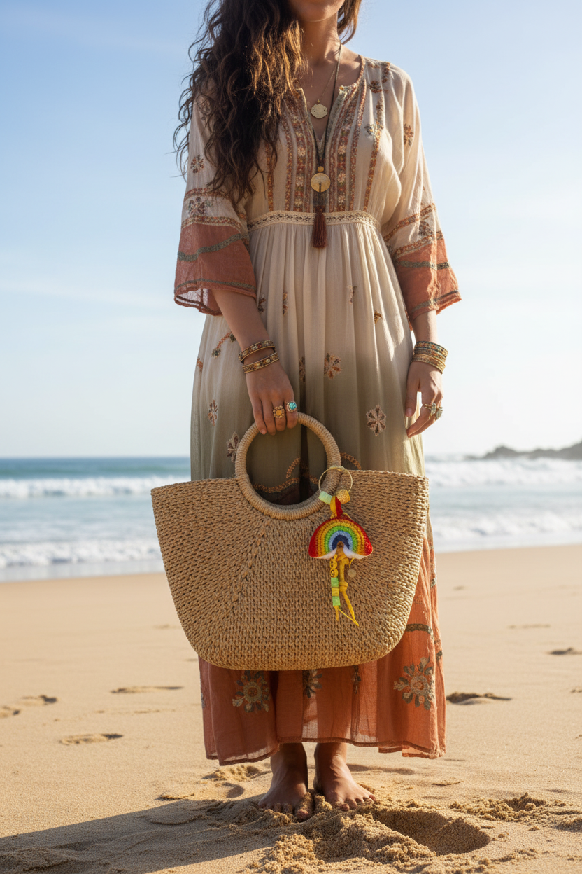 Bijou de sac Arc-en-ciel en crochet et perles colorées