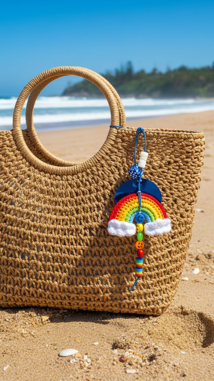 Porte-clés arc-en-ciel au crochet avec perles sur sac osier plage - accessoire bohème Joyas by Jo
