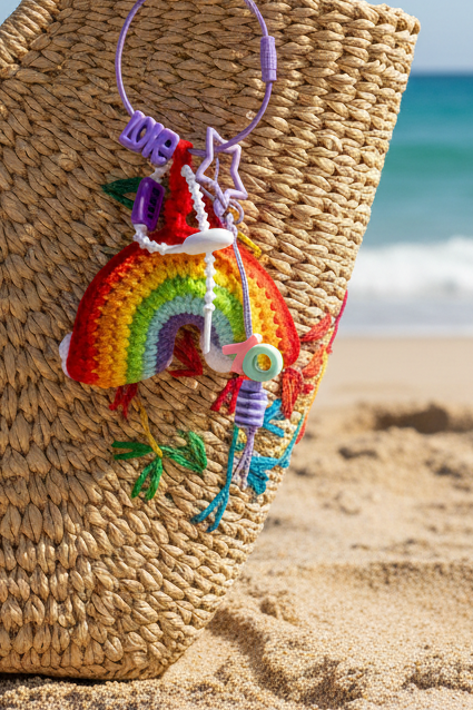 Porte-clés arc-en-ciel au crochet avec charms sur sac osier plage - accessoire bohème luxe Joyas by Jo
