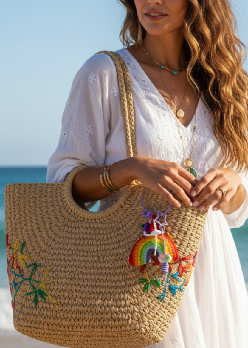 Bijou de sac Arc-en-ciel au crochet et charms bohèmes - Accessoire artisanal