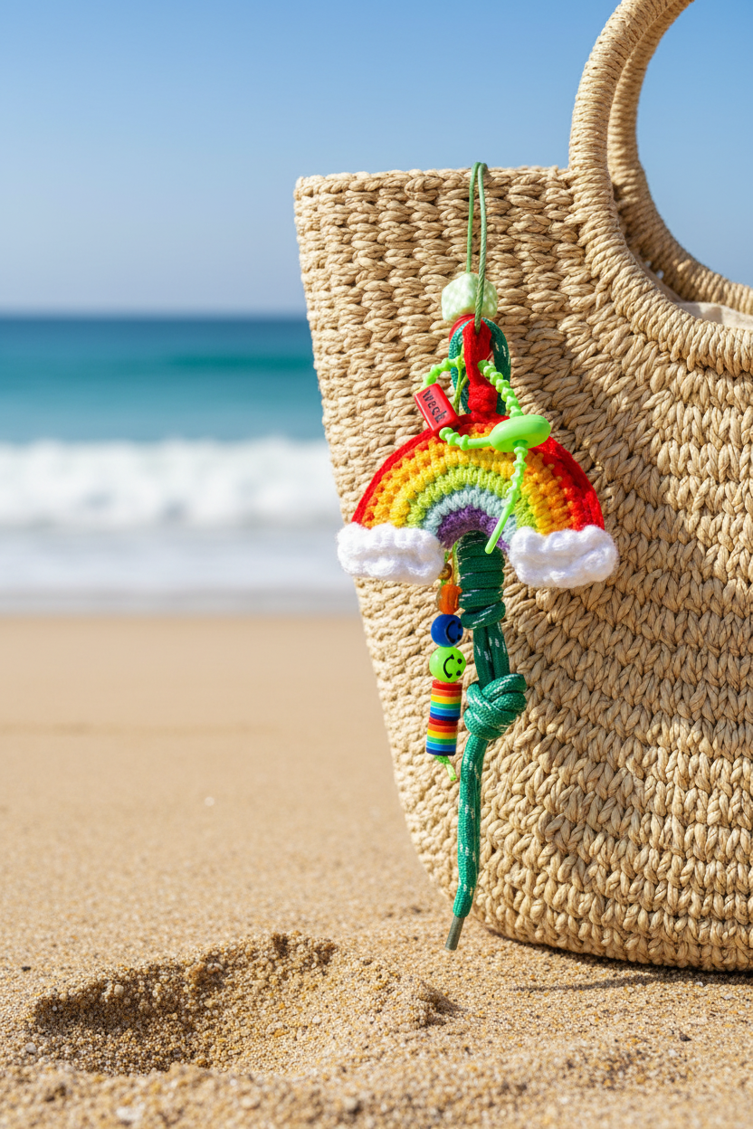 Porte-clés arc-en-ciel au crochet avec charms sur sac osier plage vue latérale - accessoire bohème luxe Joyas by Jo
