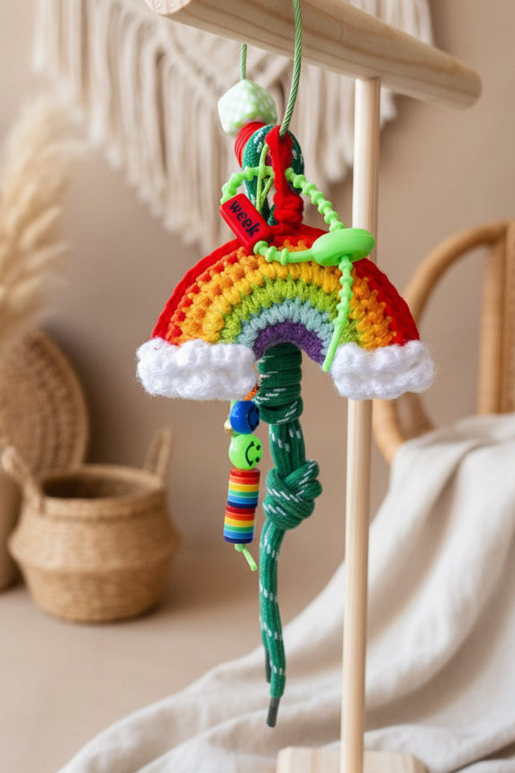 Porte-clés arc-en-ciel au crochet avec charms sur support bois intérieur - accessoire bohème chic Joyas by Jo
