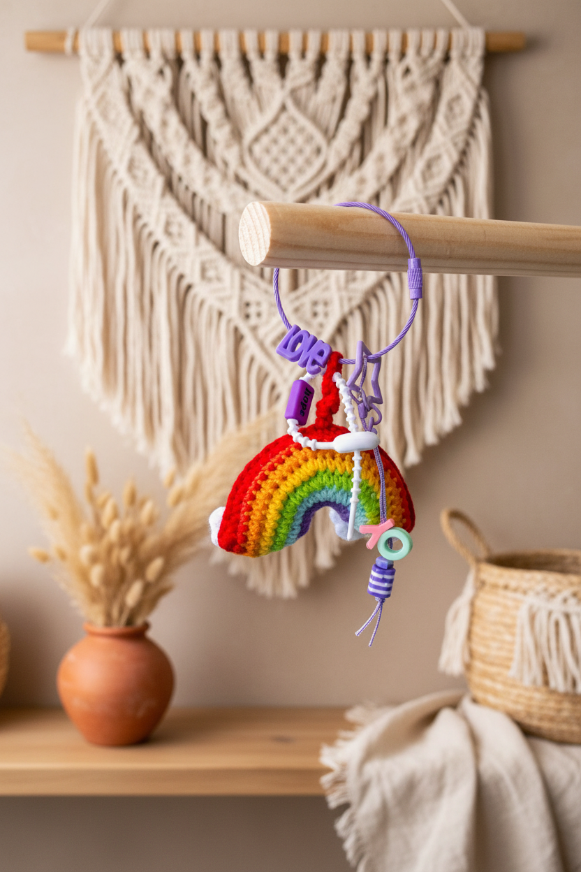 Porte-clés arc-en-ciel au crochet avec charms sur support bois décor macramé - accessoire bohème Joyas by Jo
