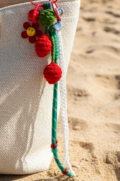 Porte-clés cerise au crochet avec fleur smiley sur sac beige plage - accessoire bohème luxe Joyas by Jo

