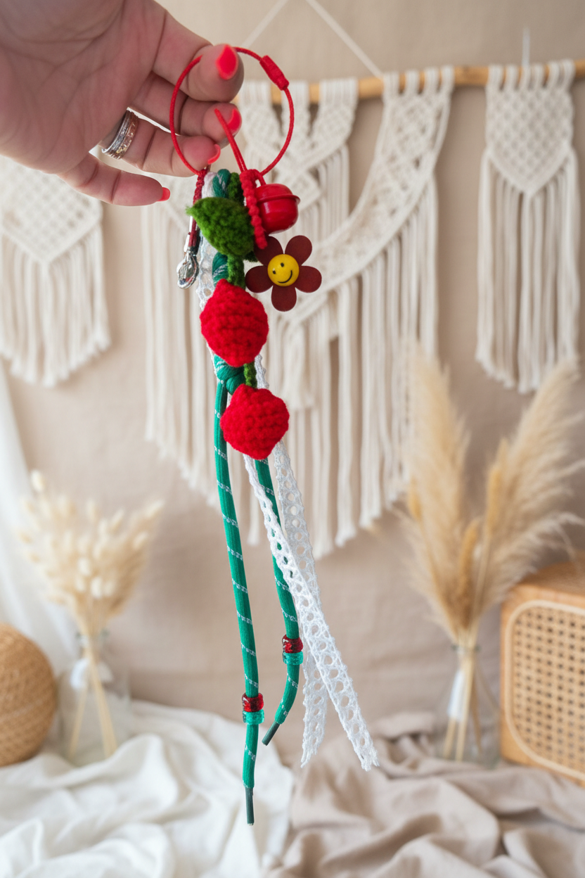 Porte-clés cerise au crochet avec fleur smiley tenu en main - accessoire bohème chic Joyas by Jo

