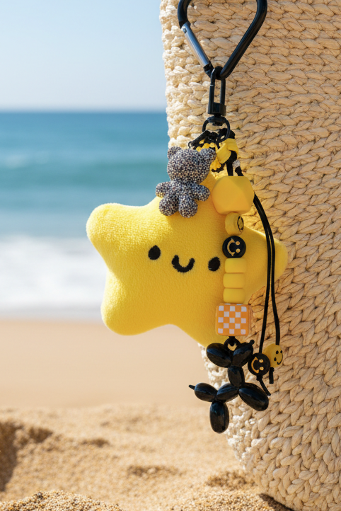 Porte-clés étoile jaune smiley avec charms sur sac osier plage - accessoire bohème Joyas by Jo
