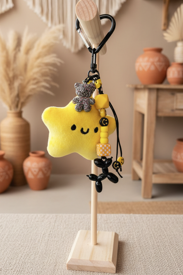 Porte-clés étoile jaune smiley avec charms sur support bois - accessoire bohème chic Joyas by Jo
