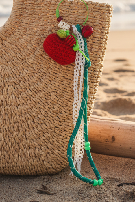 Porte-clés fraise et cerise au crochet sur sac osier plage - accessoire bohème luxe Joyas by Jo
