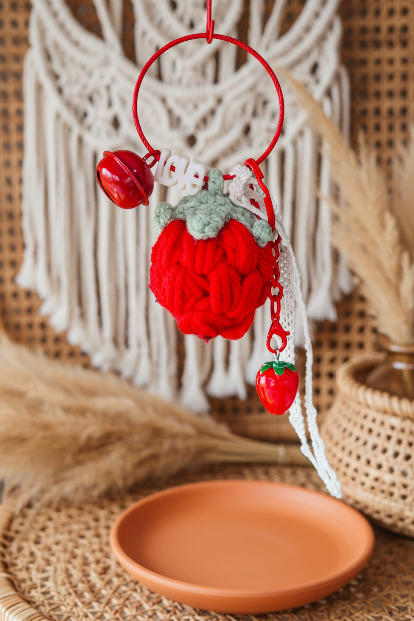 Porte-clés fraise au crochet avec charm Hope décor macramé - accessoire bohème Joyas by Jo
