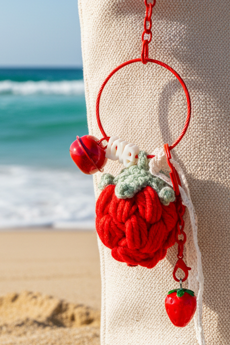 Porte-clés fraise au crochet avec charm Hope gros plan plage - accessoire bohème luxe Joyas by Jo

