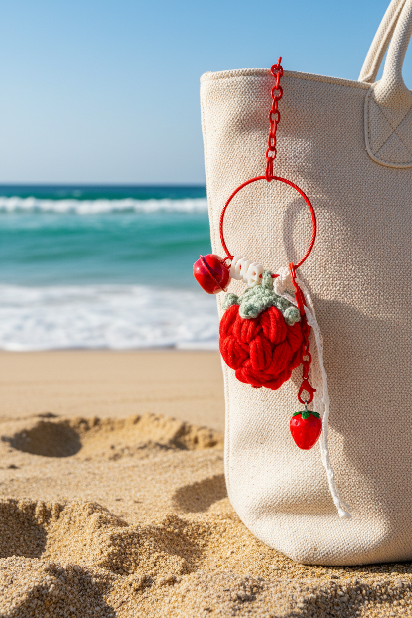 Porte-clés fraise au crochet avec charm Hope sur sac de plage - accessoire bohème Joyas by Jo
