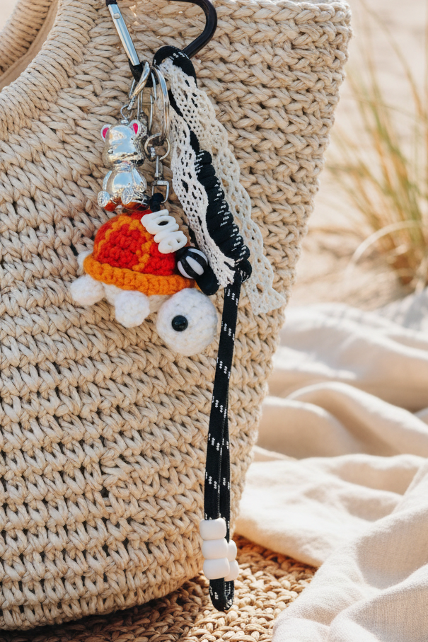 Porte-clés tortue au crochet sur sac osier gros plan - accessoire bohème chic Joyas by Jo
