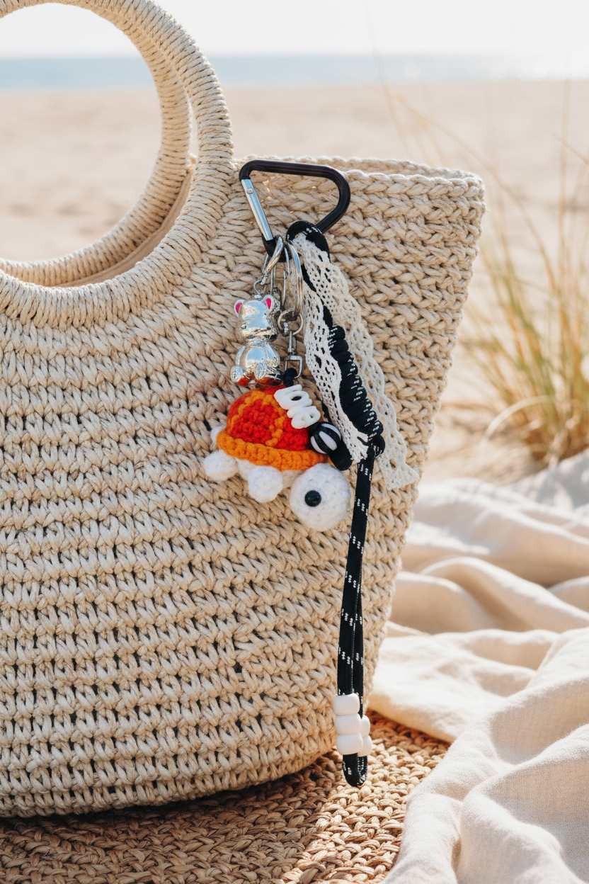 Porte-clés tortue au crochet sur sac osier plage lifestyle - accessoire bohème luxe Joyas by Jo
