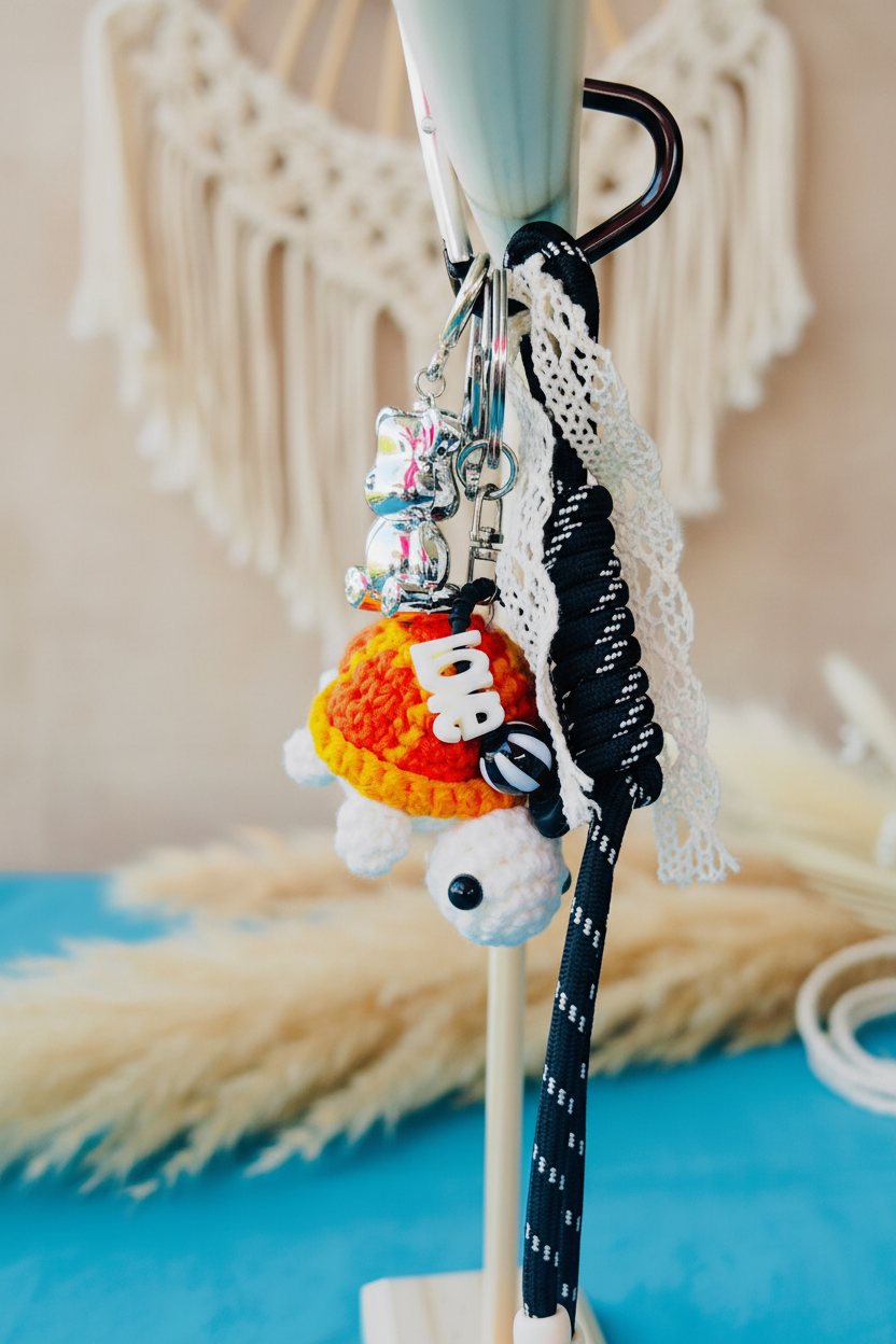 Porte-clés tortue  au crochet sur support bois décor macramé - accessoire bohème Joyas by Jo
