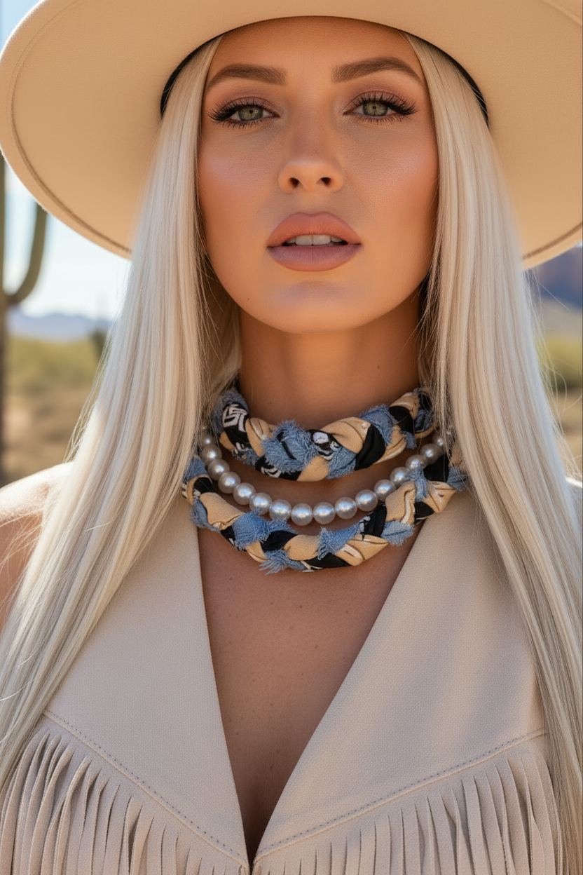 Gros plan d'un collier artisanal Joyas by Jo composé de brins de tissu tressé bleu et beige avec un rang de perles nacrées blanches.