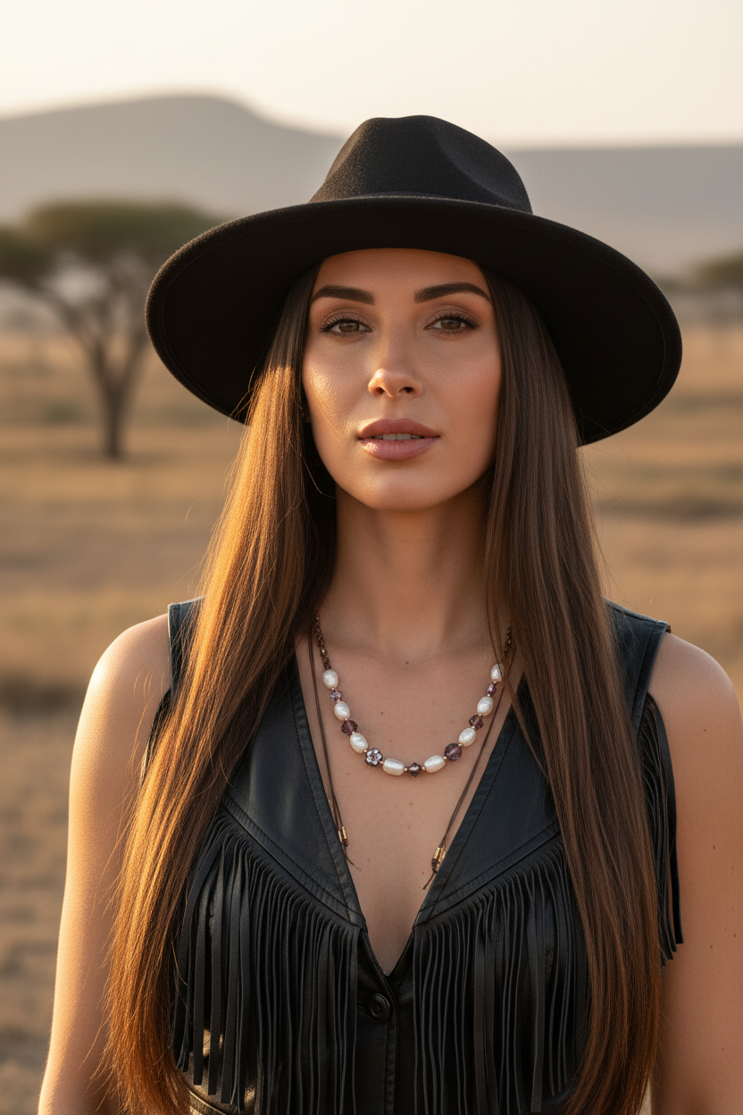Portrait de face d'une femme portant le collier Joyas by Jo avec perles marron et nacre, associée à un chapeau noir et un gilet à franges.
