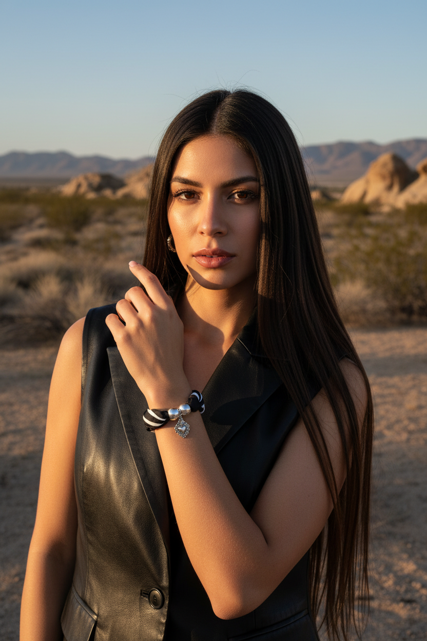 Portrait d'une femme de face portant le bracelet Joyas by Jo avec pendentif coeur dans un paysage de désert au coucher du soleil.