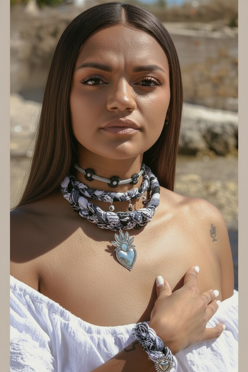 Portrait d'une femme portant une accumulation de colliers de la collection Elettra aux tons noir et blanc avec un pendentif ex-voto argenté. Joyas by jo