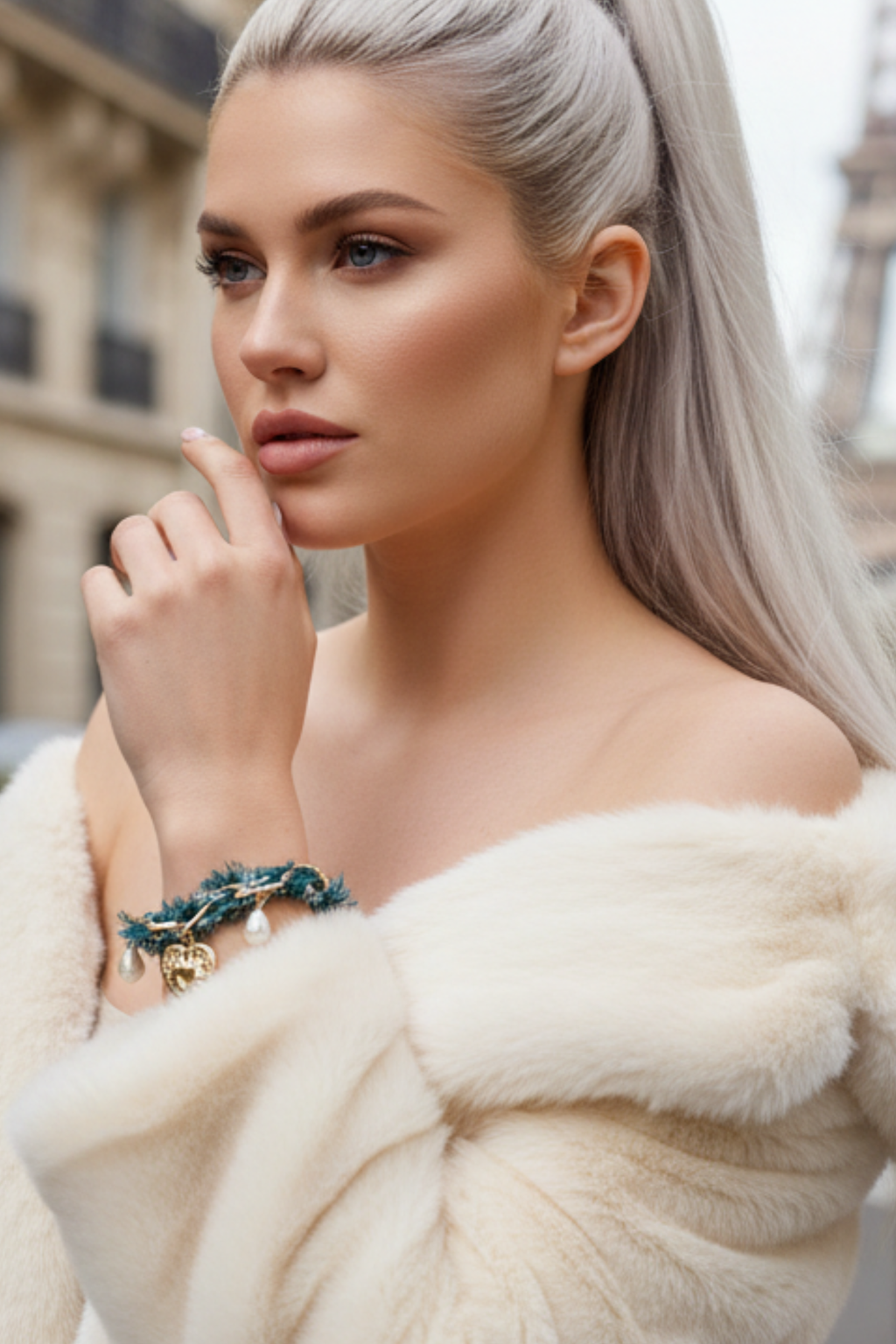 Portrait d'une femme avec un bracelet en tissu vert Joyas by Jo, charms perles et cœur, style chic parisien.