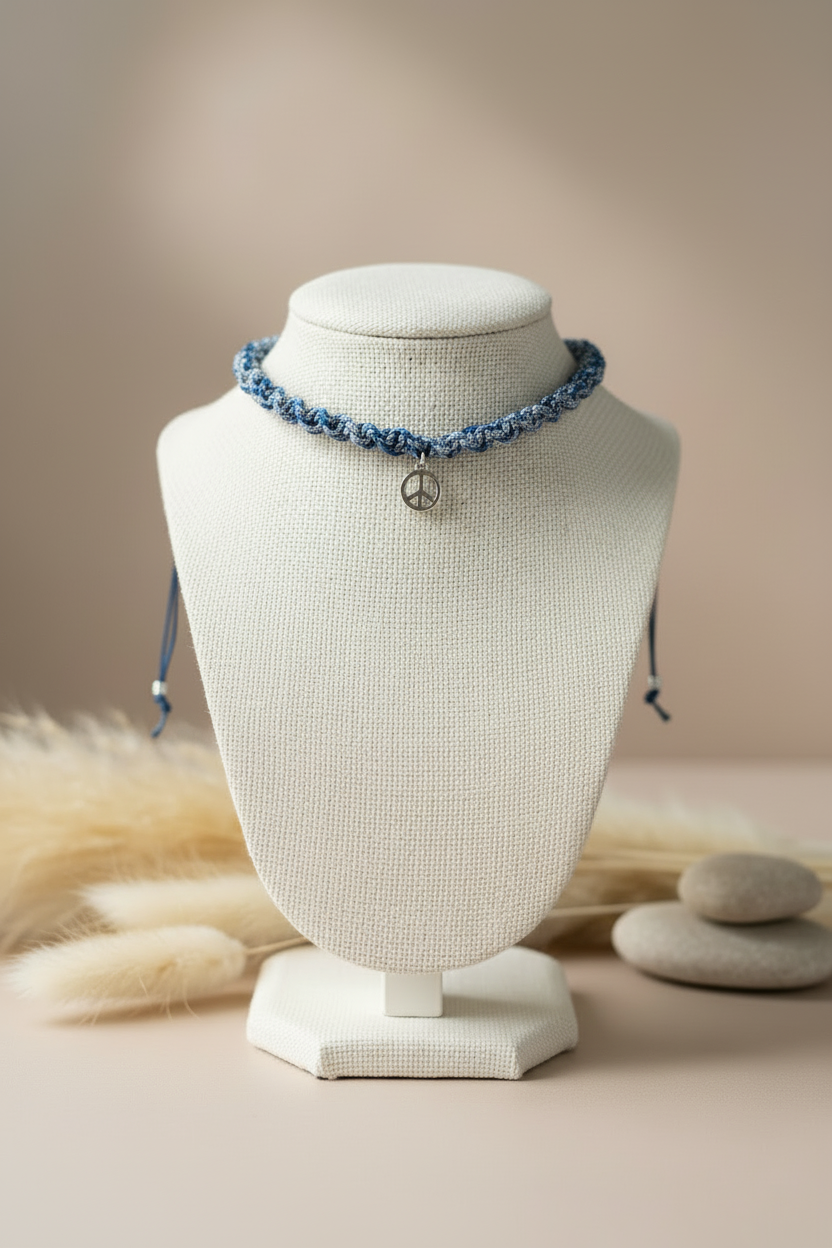 Présentation du collier choker peace and love bleu sur un buste d'exposition entouré d'herbes de la pampa et de galets zen.