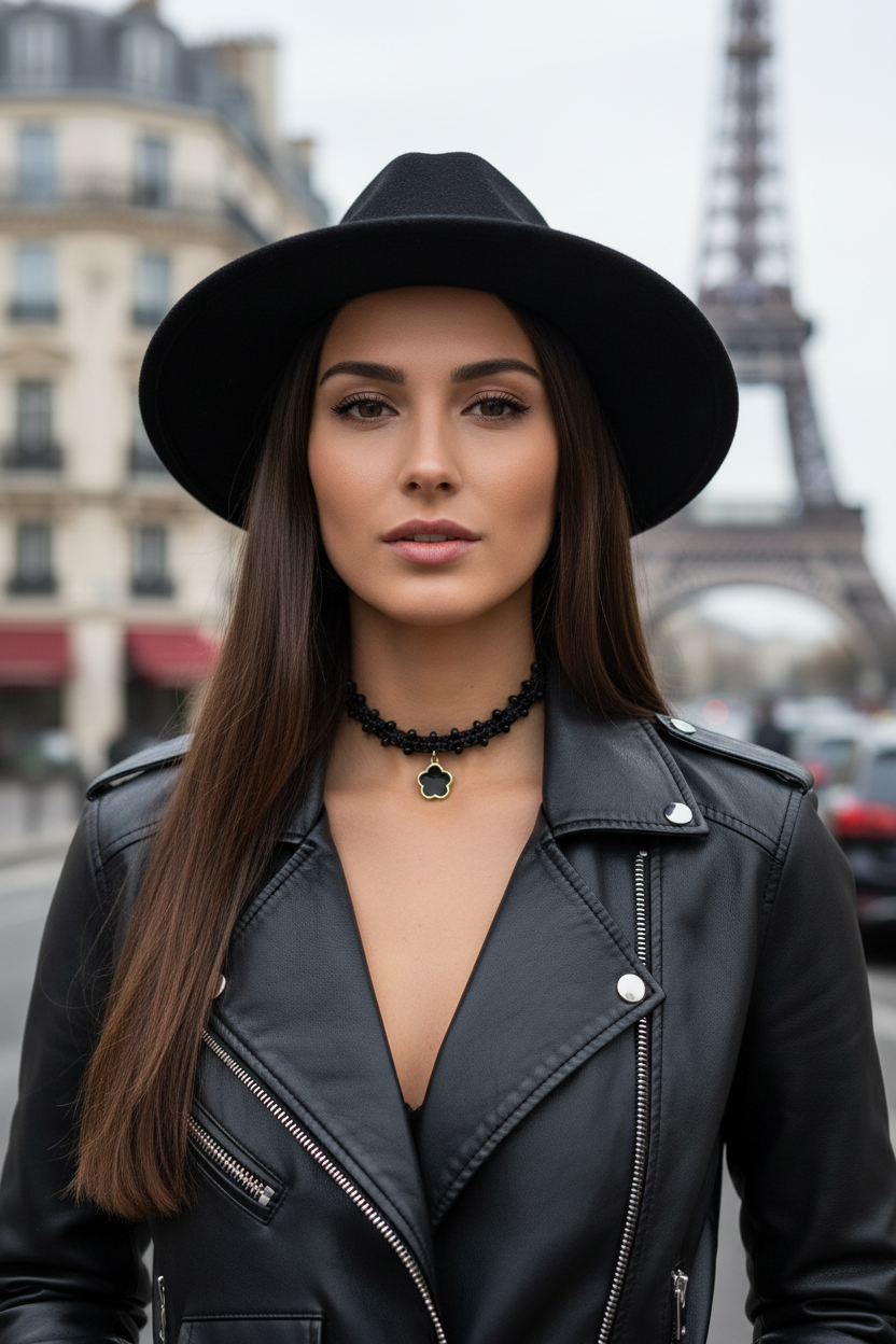 Portrait d'une femme avec chapeau noir portant le collier ras du cou fleur de la collection Joyas by Jo.
