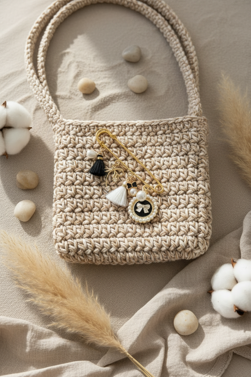 Sac à main en crochet beige accessoirisé avec une broche porte-bonheur Joyas by Jo, entouré d'éléments naturels comme du coton et de l'herbe de la pampa.